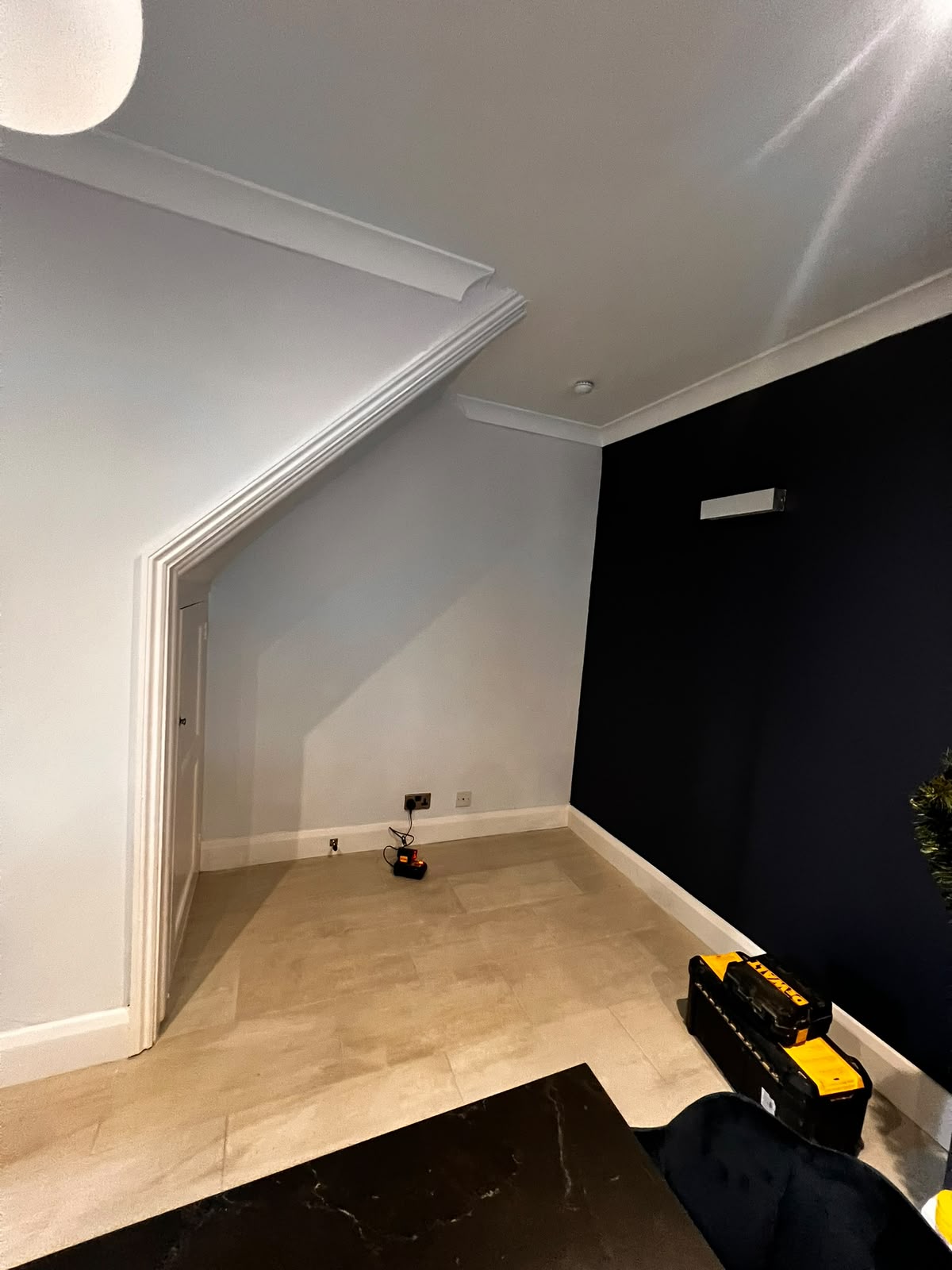 Finished room with navy feature wall, coving and tiled flooring