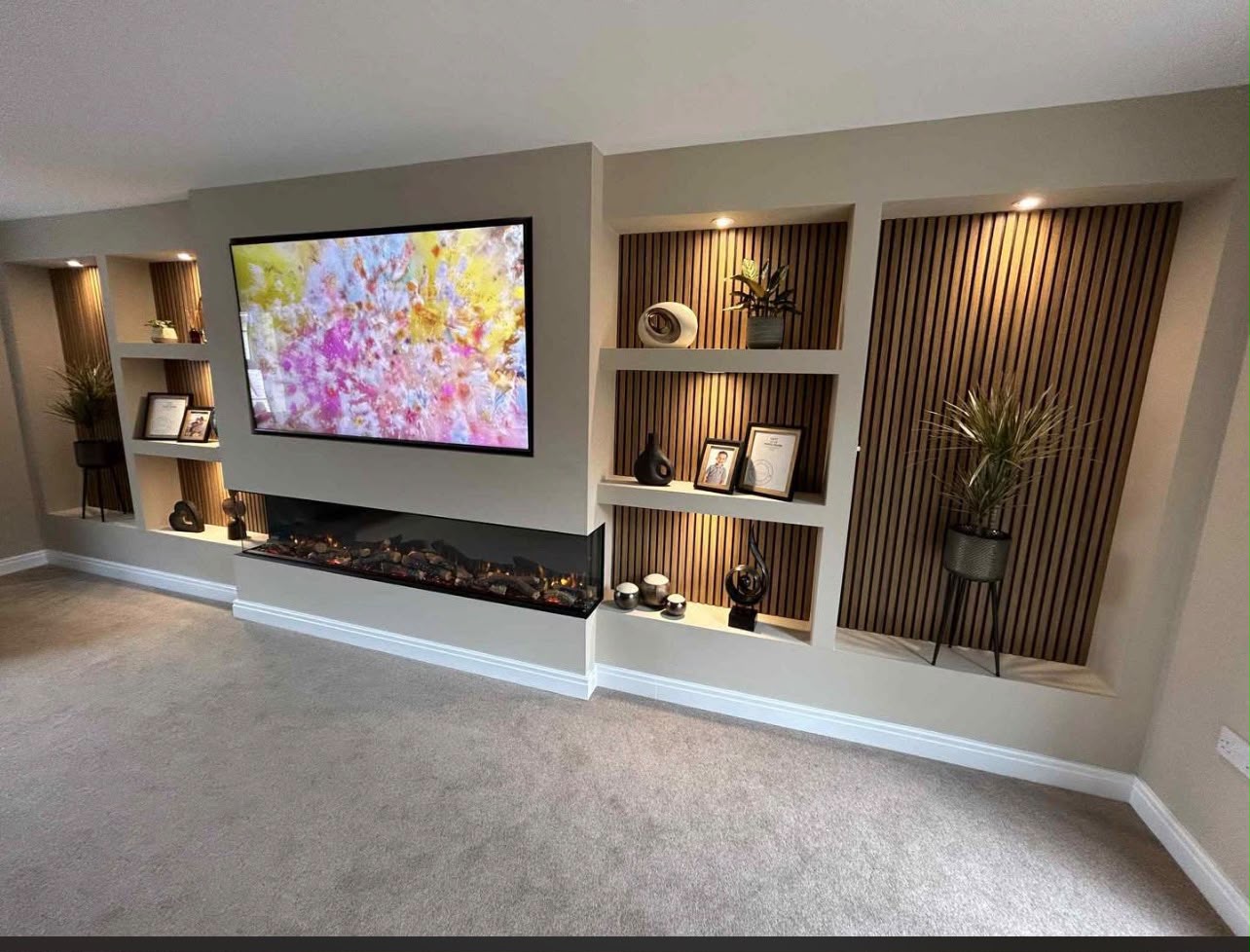 Bespoke media wall with fireplace and slatted panelling