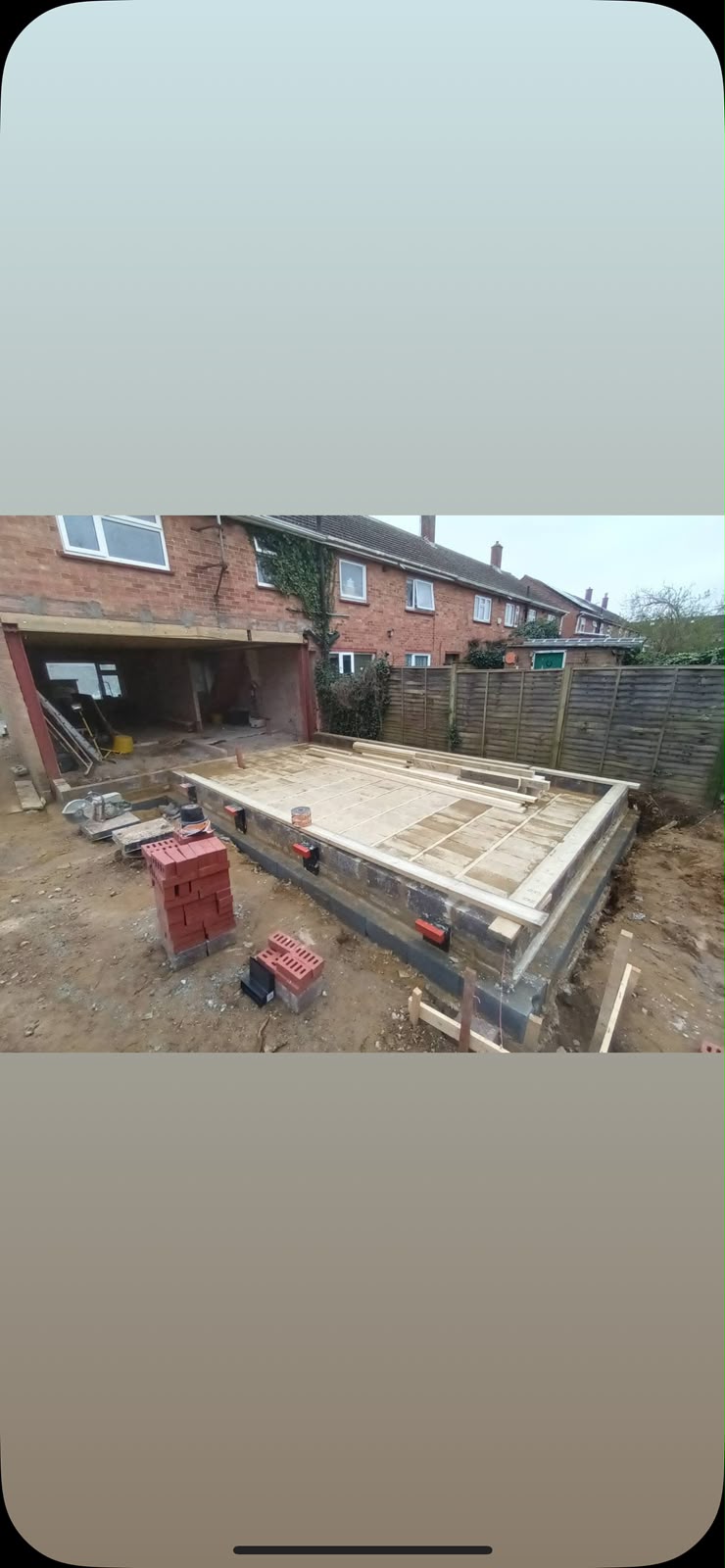 Timber floor joists laid on new extension foundations