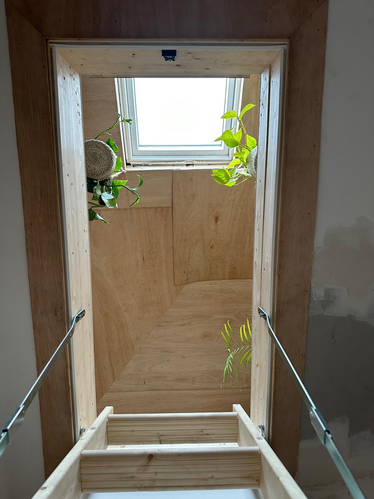 Loft hatch access with timber-lined stairwell and skylight