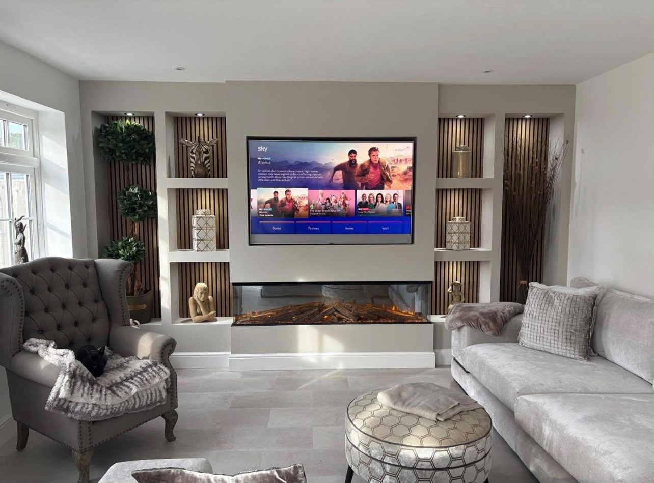 Living room media wall with fireplace and oak slat panelling