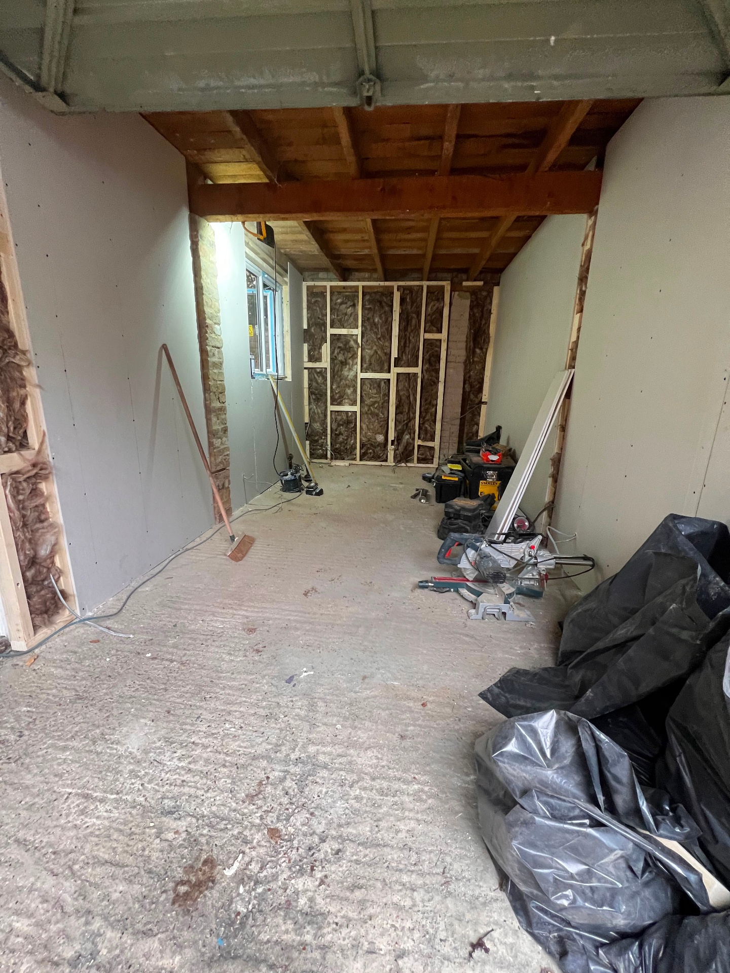 Garage conversion at plasterboard stage with new steel beam